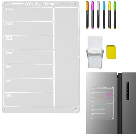 Magnetischer Wochenkalender für Kühlschrank | Wochenplaner für Haushaltsgeräte - mit Stifthalter und 6 Textmarkern Set Essenskalender aus Acryl wiederverwendbar - für Küche Restaurant Zuhause