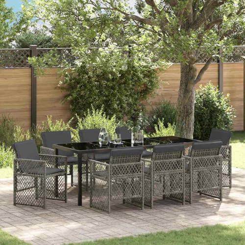 Yunovire Salon de jardin, 9 pièces, en polyrotin, gris, avec table en verre, meubles de balcon, pour 8 personnes, durable
