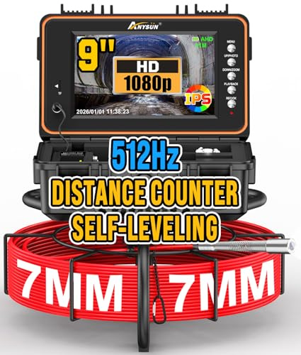 Anysun Telecamera Ispezione Tubi Autolivellante con Sonda 512Hz e Contametri, Videoispezione Fognature Professionale 1080P, Monitor IPS 9, DVR, Endoscopio IP68 per Fognature e Impianti Idraulici