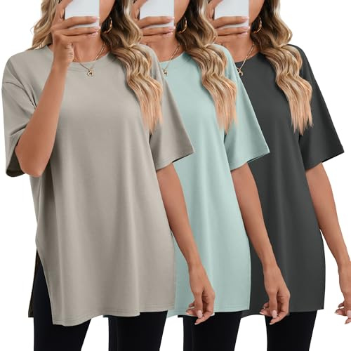Geyoga 3er Pack Damen Oversized Workout T-Shirts | Locker Geschnittene Lange Shirts, Sommerliche Baggy Gym Tees, Kurzarm, Rundhals, Seitenschlitze, Casual Plus Size Mode