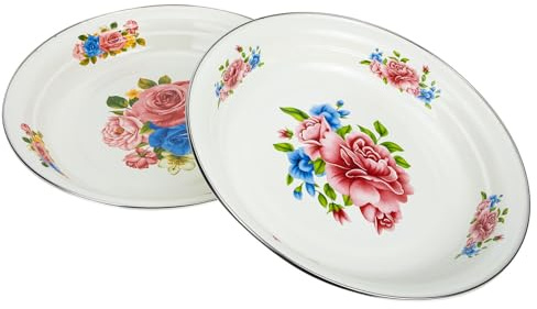 Veemoon Lot de 2 Assiettes Émaillées Épaisses 28 Cm Motif Floral Vintage Rose et Pivoine, Assiettes Multifonctionnelles pour Fruits et Conservation des Aliments, Adaptées Maison et Hôtel