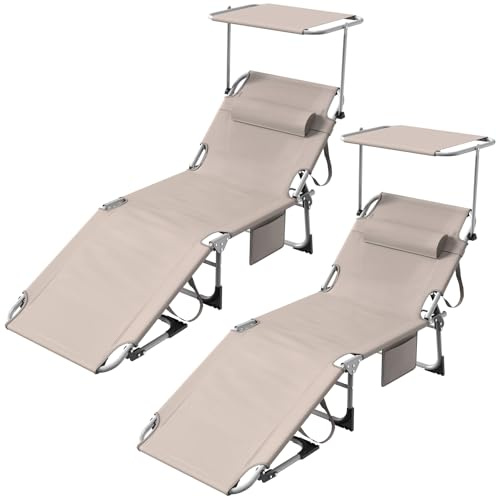 Huracan Groß Sonnenliege klappbar, Gartenliege mit Dach, Liegestuhl mit 4-fach verstellbarer Rückenlehne & Kopfkissen, tragbare Outdoor Campingliege bis 100 kg belastbar, Strandliege Relaxliege, Khaki
