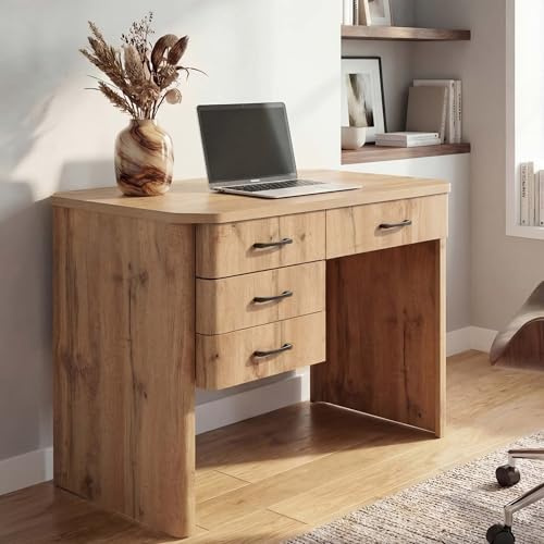Mendler Schreibtisch HWC-P42 MDF 78x110x60cm - Wotan-Eiche-Optik | Bürotisch, Computertisch, 4 Schubladen