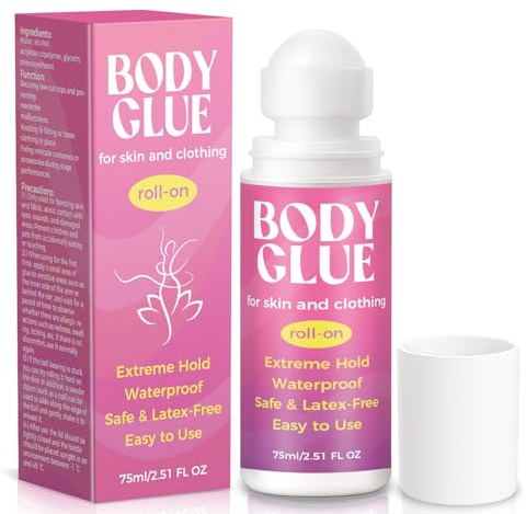Body Glue for Skin & Clothes, Skin Glue Roll On 50ml, Strong Body Glue, Sweat Resistant, Water Wash Off for Dancers, Socks, Leotards, Bras, Wigs, Costumes (75ml 1pack)