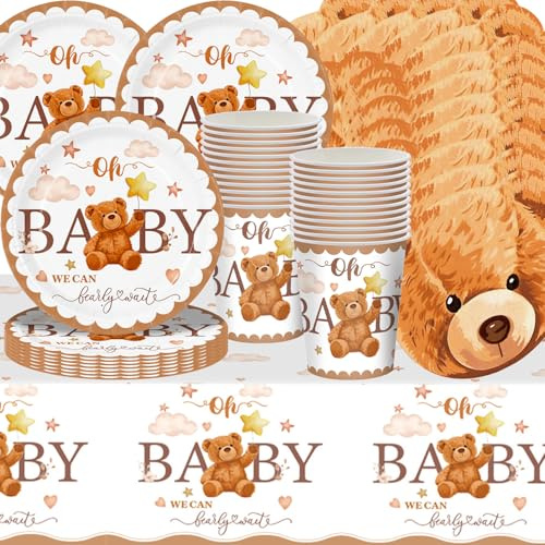 Set da 73 pezzi con motivo orso marrone, composto da piatti di carta, tovaglie, tovaglioli e bicchieri di carta, un simpatico set per 24 persone