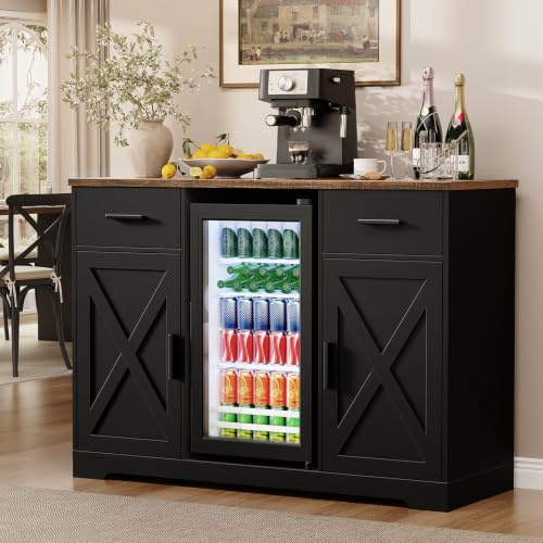 Aauro Home Large Farmhouse Coffee Bar Cabinet with Fridge Included, Black