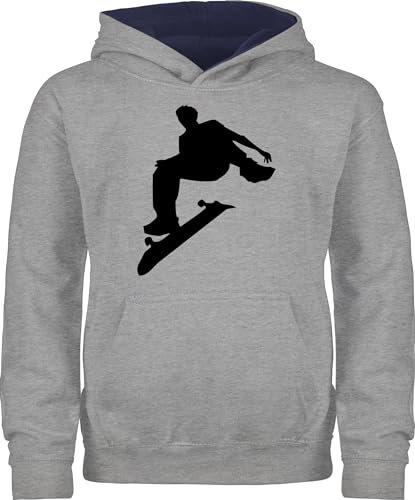 Pullover Kinder Hoodie Jungen Mädchen - Sport Kleidung - Skater - 128 (7/8 Jahre) - Grau meliert/Navy Blau - 25. geburtstag skate kapuzenpulli skateboard kinderpullover pulli pullis kapuzenpullover