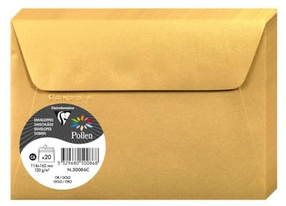 Clairefontaine 50086C - Paquet de 20 Enveloppes Auto-Adhésives - Format C6 (11,4x16,2cm) - 120g/m² - Coloris Or - Invitation Evènements et Correspondance - Gamme Pollen - Papier Premium Lisse