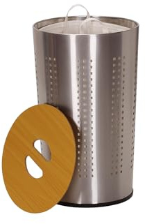 Household Essentials 7081-1 Wäschekorb, rund, Metall, herausnehmbarer Einsatzbeutel und Holzdeckel, Edelstahl