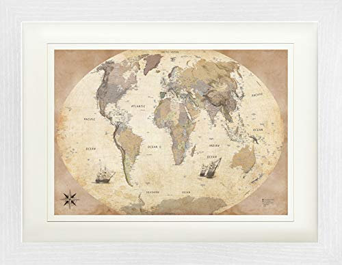 1art1 Karten Poster Weltkarte, Old Style, In Englisch Gerahmtes Bild Mit Edlem Passepartout | Wand-Bilder | Im Bilderrahmen 40x30 cm