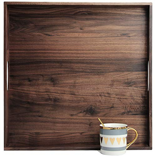 MAGIGO Grand plateau de service carré en bois de noyer noir de 48,3 x 48,3 cm avec poignées, pour servir du thé, du café