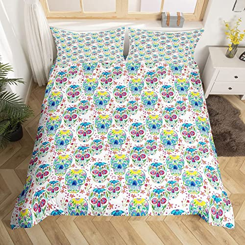 Loussiesd Sugar Skull Duvet Cover Set King Floral Bedding Set Horror Skull Skeleton Flowers Print Comforter Cover for Girls Women Decorative Microfiber Quilt Cover with 2 Pillow Shams, Novelty 3 Pcs