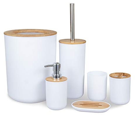 MisFox 6-teiliges Bambus Badezimmer Set, Bad Zubehörset Umweltfreundliches Toilettenzubehörset mit Lotionspender, Mülleimer, Zahnbürstenhalter, Zahnputzbecher, Toilettenbürste und Seifenschale