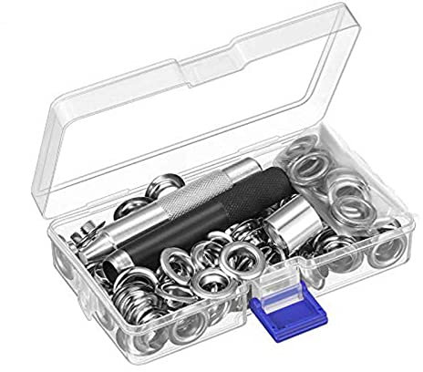 100PCS Tarpaulin Repair Kit,Grommet Tool Kit with Black Punch and Storage Box Metal Eyelets Grommets for Tarpaulin, Fabric, Curtains and Craft Making