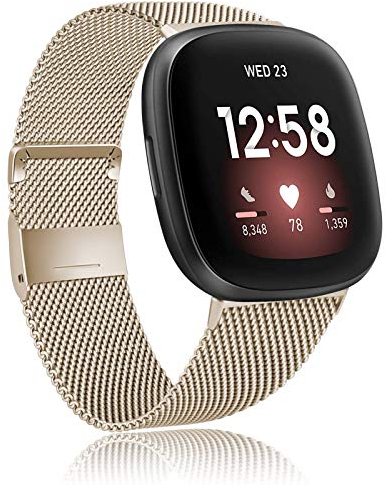 Amzpas Kompatibel mit Fitbit Versa 3 Armband/Fitbit Sense Armband, Metall Edelstahl Ersatzarmbänder mit Magnetschloss für Fitbit Versa 3/Sense (S, Champagner)