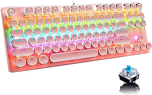 Ltvystore Mechanical Gaming Pink Keyboard,87 Key Retro Punk Typewriter-Style,Blue Switch RGB Backlit Keyboard,Anti-Ghosting, USB Wired, for PC Laptop Desktop Computer, for Game and Office
