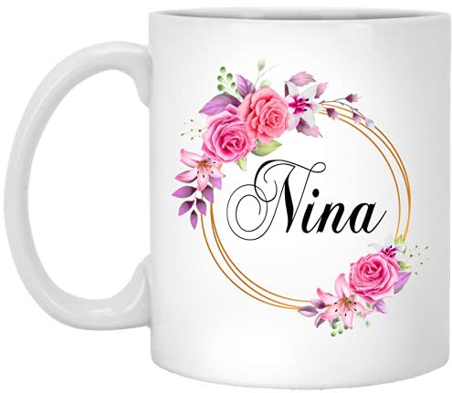 Nina Flower Kaffeetasse, Geschenk zum Muttertag – Nina rosa Blumen auf goldenem Rahmen – New Nina Tasse Blume – Geburtstagsgeschenk für Nina – Nina Kaffeetasse 325 ml
