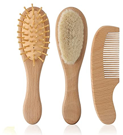 Baby Hair Brush and Comb Set, Soft Goat Bristles Wooden Baby Brush Natural, Perfect Scalp Grooming Product for Cradle Cap Brush Infant Toddler Kids Baby Shower Baby Registry Gift
