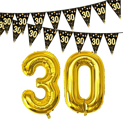 30 Geburtstag Männer Deko 30. Geburtstagsdeko Wimpelkette 30 Folie Ballons Zahl Gold Jubiläum 30 Jahre Geburtstage Frauen