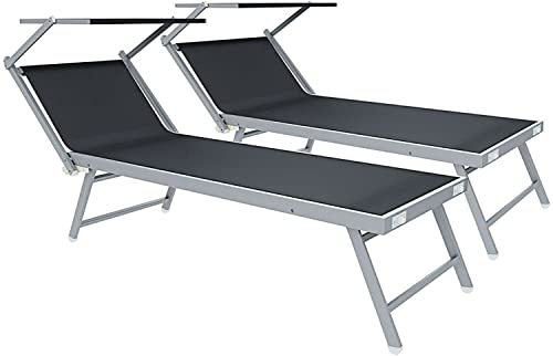 Coppia Di Lettini Prendisole 720 gr/m² Professionale Pieghevole In Alluminio Tettuccio Orientabile Parasole Lettino Prendi Sole Sdraio Mare Piscina Spiaggia Giardino 182 x 60 x 38 cm (Grigio Scuro)