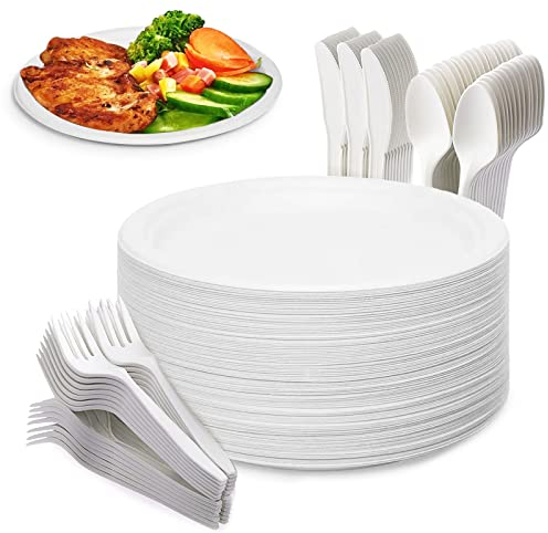 Yidaxing Vajillas Desechables, 200 Piezas Incluyendo 50 Platos 50 Tenedores 50 Cuchillos y 50 Cucharas Ecológica de Caña de Azúcar, Vajilla para Cumpleaños, Fiestas, Cámping, Picnic(22.8cm Blanco)