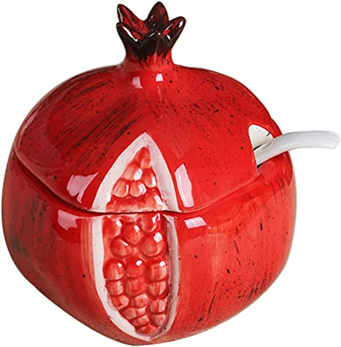 KEMAXI Ceramics Fruit Shaped Sugar Bowl Salt Pot Pepper Storage Jar with Lid and Spoon Seasoning Box Condiment Pots (Red Pomegranate)