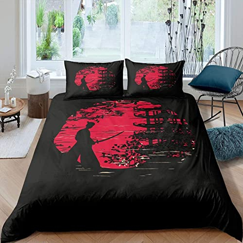 TAKOLI Bettwäsche 135 x 200 Japanischer Samurai Druck, Weiche Microfaser Landschaftliche Silhouette Bettwäsche Set 2 teilig - Sonnenuntergang Motiv Bettbezug & 1 Kissenbezüg 80x80, mit Reißverschluss