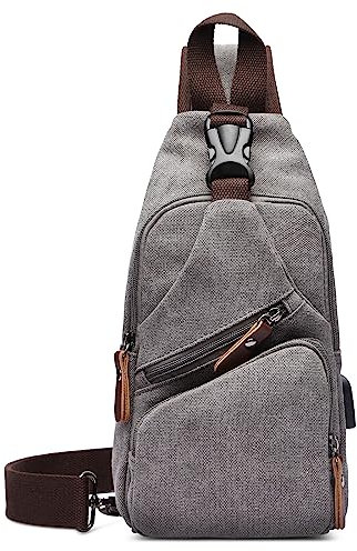 VARLIVOO Retro Canvas Brusttasche Herren Sling Bag mit USB-Ladeanschluss Umhängetasche Schultertasche Klein Anti-Diebstahl Sling Rucksack Outdoor Crossbody Pack für Sport Reisen Wandern Grau