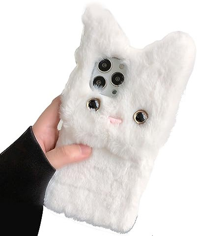 SINQERISHT Plush Case for Apple iPhone 13 Pro Max Protective Case for Girls Cute Winter Warm 3D Cat Fluffy Mobile Phone Case Silicone Case Shockproof Case (White)