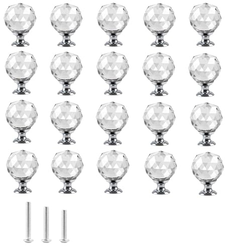 OctinPris 20 x klare Kristallglas-Türknäufe, rund, Diamant-Optik, für Kleiderschrank, Tür, Kugelform, Schublade, Kleiderschrank, Ziehknauf, Diamant-förmige Griffe für Schrank, Kommode, Badezimmer