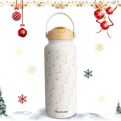 Blackube Regali di Natale in acciaio inox, borraccia da 1000 ml, con cannuccia, thermos per Natale, sport, scuola, attività all'aperto, senza BPA, beccuccio