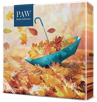 PAW - Servietten 3-lagig (33 x 33 cm) I 20 Stück I Perfekt für Geburtstage, Partys, Meetings I Herbst Tischdekoration I Bunte Papierservietten - Regenschirm Herbstblätter I Umbrella Leaves