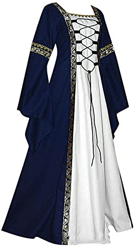 Halloween Kostüm Damen Mittelalter Kleider Renaissance Lange Ballkleid Vintage Gothic Maxikleid Schnürung Partykleid Maskenkleid Trompetenärmel Bodenlanges Kleidung Karneval Cosplay Prinzessinen Kleid