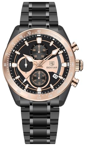 Herren Uhr Uhren BENYAR Quarz-Chronographenwerk 42MM Zifferblatt Analoguhr Aus Edelstahl Wasserdicht Uhr Geschenk für Männer BY-5201M (Roségold)