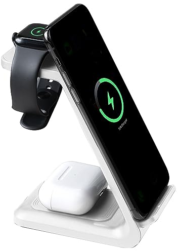 Callstel Wireless-Ladestation: 3in1-Ladestation 20 Watt für iPhone, Apple Watch & AirPods, weiß (Ladegerät für Apple-Geräte, Tisch-Lade-Stationen für, Handyhalterung)