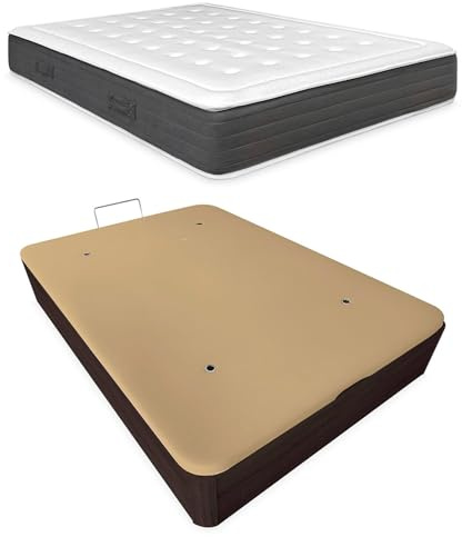 Somnia Descanso - Pack Premium kretische viskoelastische Matratze, 24 cm + klappbares Holzbett, extra verstärkt mit großem Fassungsvermögen, Farbe Wenge, 90 x 190 cm