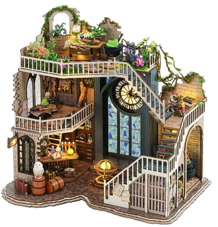 CUTEBEE Maison Miniature DIY Kit avec Housse Anti Poussière,Maison de poupée en Bois avec Meubles et lumières LED,kit modèle DIY,idée de Mini Maison(Magic Workshop LV003)