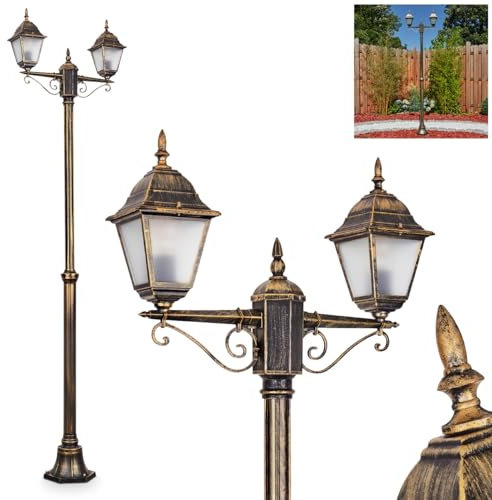Außenwegeleuchte Naofe, Wegeleuchte aus Metall/Glas in Schwarz-Goldfarben/Milchglas, Kandelaber 2-flammig im Vintage/Retro Look, Höhe max. 220 cm, Gartenbeleuchtung IP44, 2 x E27, ohne Leuchtmittel