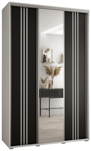 MEBLE KRYSPOL Davos 7 150 Schlafzimmerschrank mit DREI Schiebetüren - Moderner Aufbewahrungsschrank mit Spiegel, Kleiderstange und Regalen - 235,2x150x45 cm - Weiß Schwarz Silber