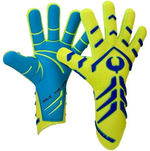 Renegade GK Apex Xtreme Professional Strapless Goalie Gloves | 4mm EXT Contact Grip | Neon Yellow & Blue Soccer Goalkeeper Gloves (Size 10, Adult, Evo Negative Cut, Level 5.5)