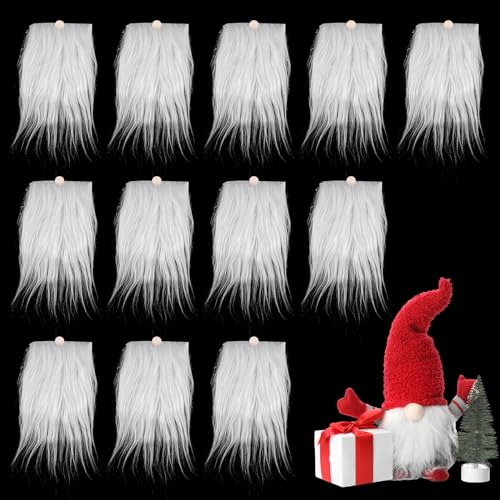 12 Stück Kunstfell zum Basteln, Langhaarplüsch Wichtelbart mit 12 Holzkugeln, Fell zum Basteln Weiß, Vorgestanzter Zwergenbart für DIY Gnome Weihnachtsschmuck Basteln Weihnachten Wichtel Zubehör