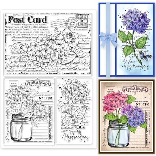 GLOBLELAND Hortensien Hintergrund Postkarte Clear Stamps für Karten Herstellung Silikon Clear Stamp Seals Transparente Stempel für DIY Scrapbooking Fotoalbum Journal Heimdekoration
