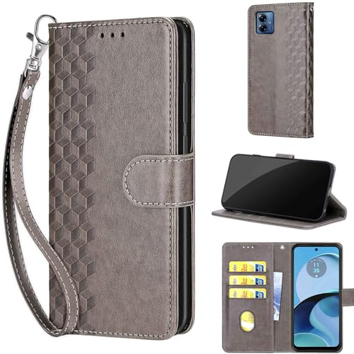 TOMYOU Handyhülle für Motorola Moto G14 Hülle, Würfel Grau | Stoßfeste Flip Schutzhülle, Kartenfächer, Standfunktion,Magnetisch, Kunstleder, Klappbar Brieftasche