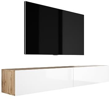 Mobile TV sospeso, D: L: 2 x 100 cm, A: 34 cm, P: 32 cm, QUERCIA WOTAN/BIANCO LUCIDO