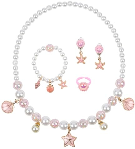 OSDUE Rosa Muschel Schmuckset Mädchen, Rosa Kristallschmuck, Rosa Muschel Kinderschmuck Enthalten Halskette, Ringe, Armbänder, Ohrring, Rosa Muschel Kinderschmuck Set für Party Dress Up Geschenk