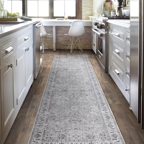 Taleta DAMAIA Waschbarer Flur Läufer Teppich Grau rutschfest Weicher Niederflor Küche Boho Bereich Carpet Lang Vintage Läufer für Flur Eingang Wohnzimmer(Grau, 80x300cm)