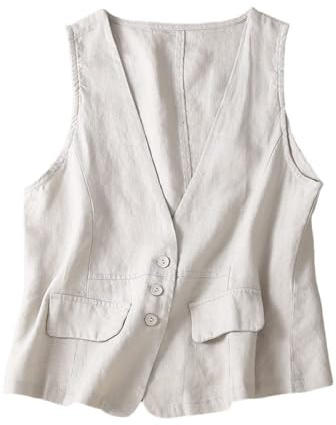 CuLtP Leichte Damen-Leinenweste, V-Ausschnitt, Knopfleiste, Blazer, Weste, Lässige, Lockere Passform, Leichte, Ärmellose Anzugjacke, Strickjacke Mit Offener Vorderseite, Beige, S