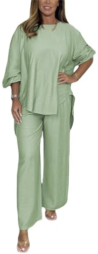 AMOUSD Satin-Anzug mit Rundhalsausschnitt, Lässiger Damen-Sommer-Satin-2-teiliges Outfit Übergröße Langes Oberteil Weites Bein Hosenanzug Lounge-Set (Green,5XL)