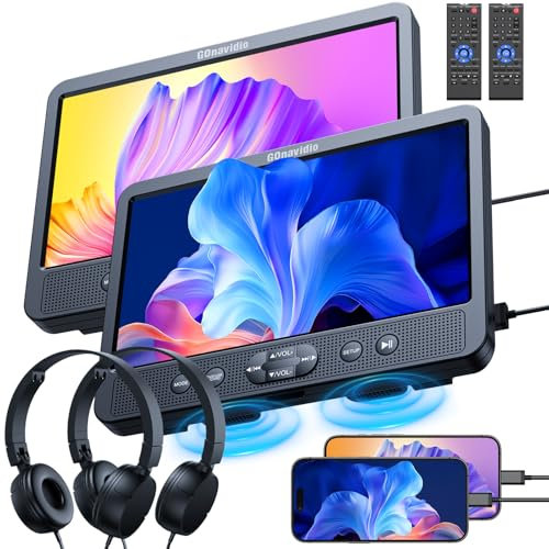GOnavidio 10,5 Zoll 2 DVD Players für Auto mit HDMI-Eingang, Kopfhörern, Halterungen, Auto TV Monitor Rücksitz unterstützt für USB/SD-Karte, AV-EIN-/Ausgang, Verschiedene Filme abspielen ohne Akku