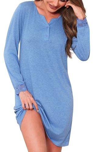Jahetuul Nightdresses for Women Long Sleeve Soft Cotton Nighties | V Neck Nightshirts for Ladies Button Down Nightgown Comfortable Loungewear S-XXL